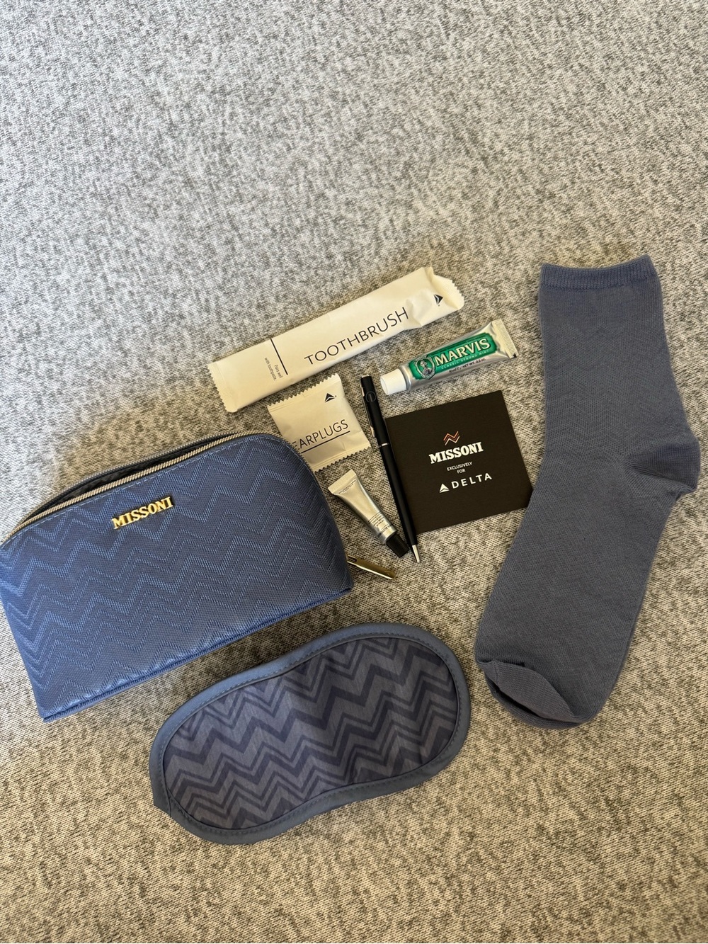 Missoni x Delta One Blue Chevron Travel Set with Eye Mask, Pouch & Socks etc